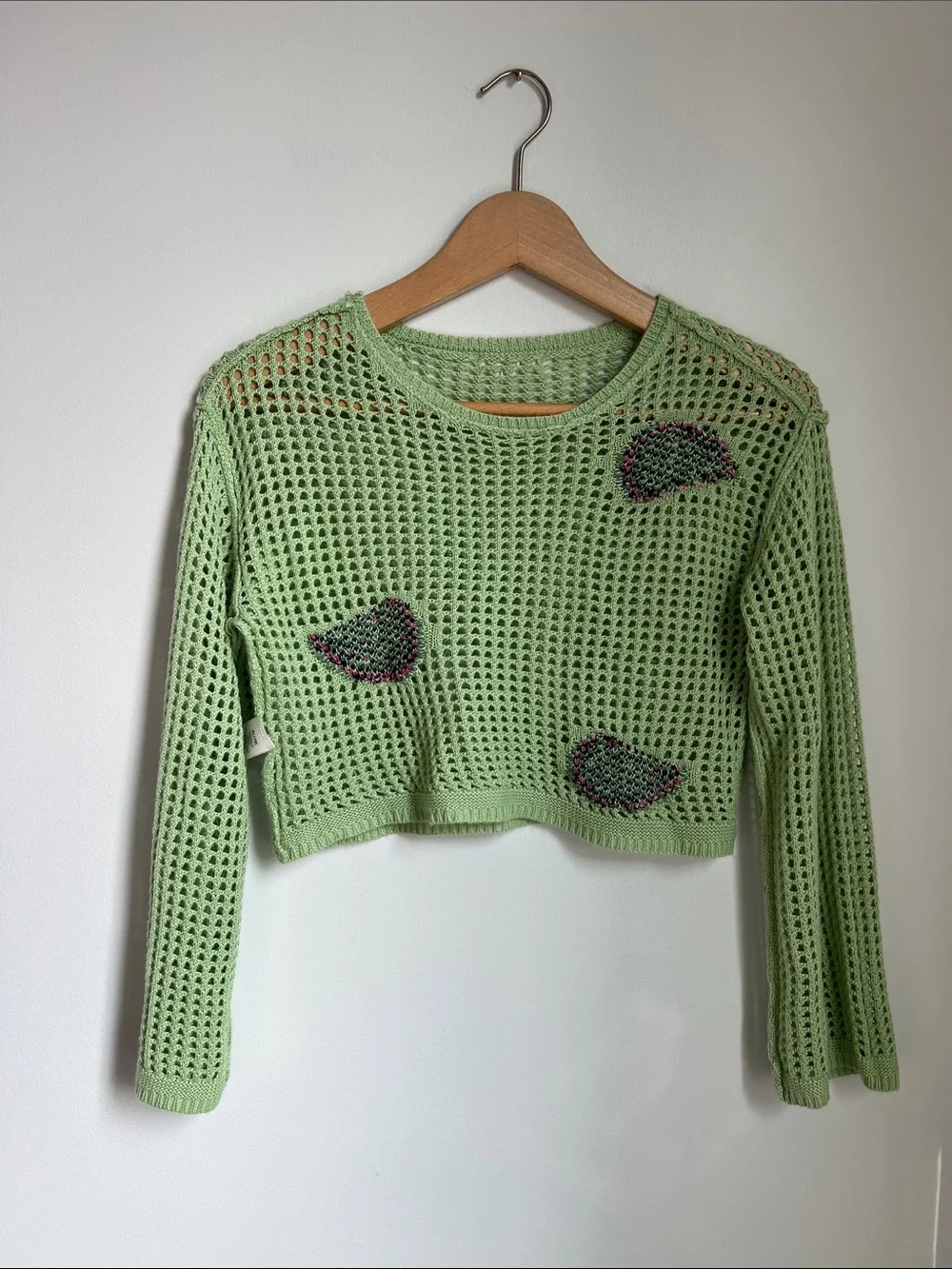 No Comment | Green Cropped Crochet Sweater Pink Watermelon Patches Size XL (16)